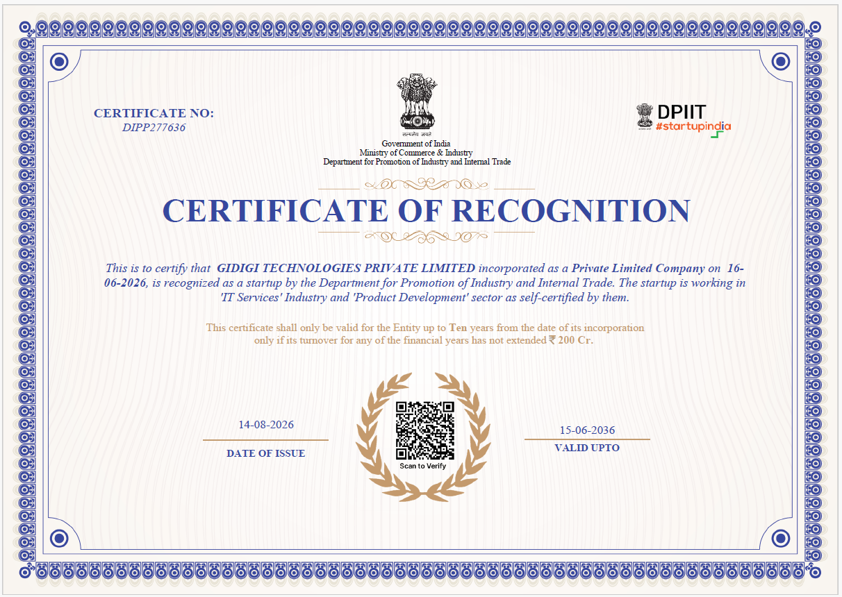 VIDHWAAN DPIIT Startup Recognition Certificate